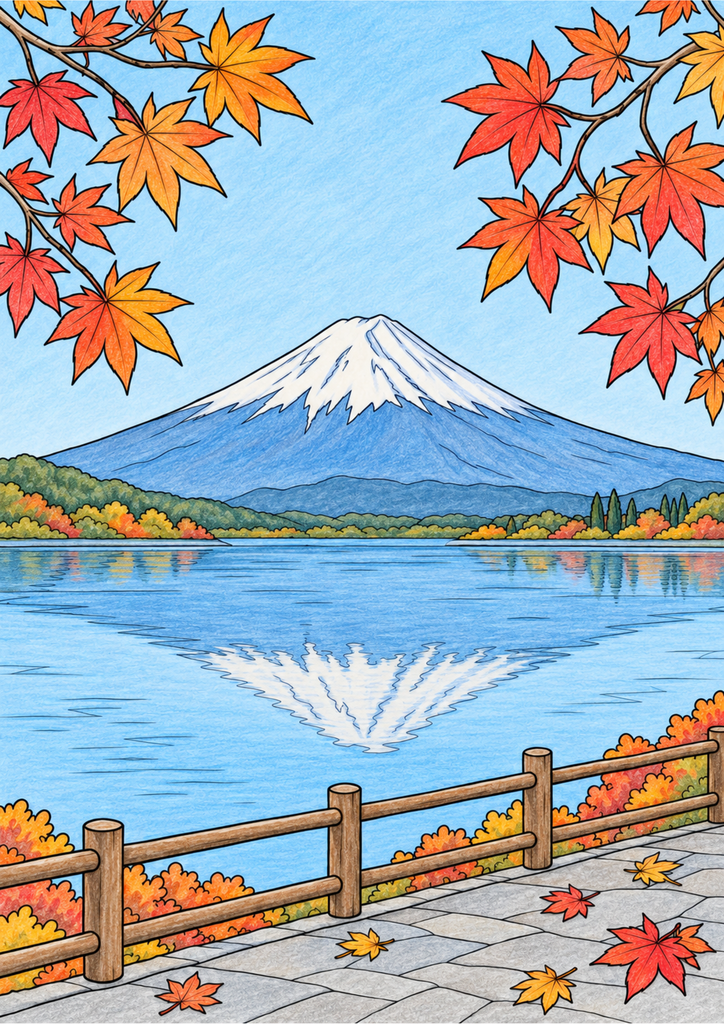 青い河口湖と雪化粧した富士山、赤や黄色の紅葉の色鉛筆調着色見本