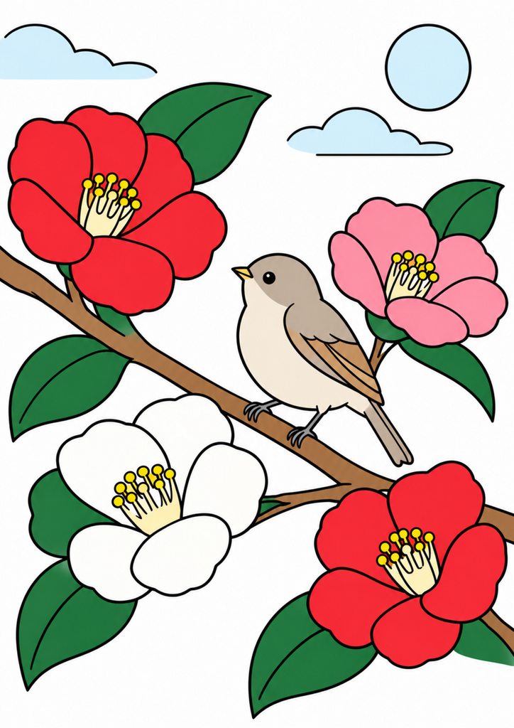 大きな山茶花の花と枝にとまる一羽の小鳥を秋らしい色で彩った着色見本