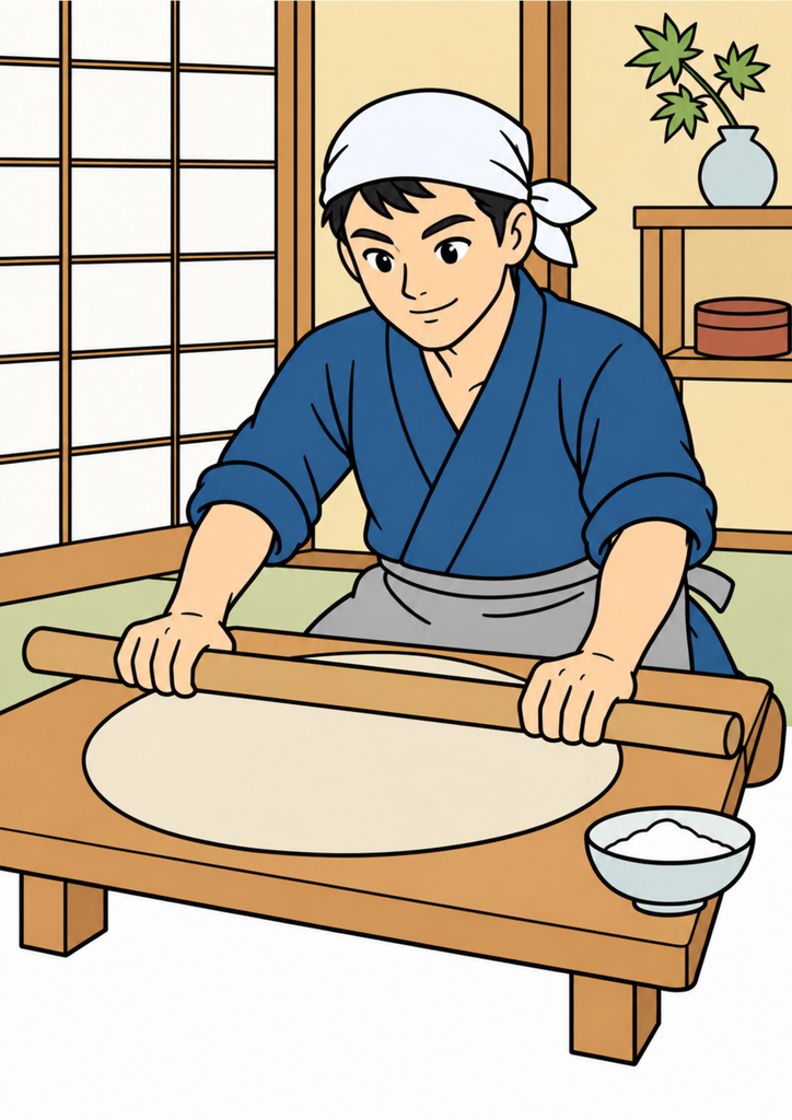 和室の木の台で麺棒を使いそば生地をのばす若い男性を秋らしい色で彩った着色見本