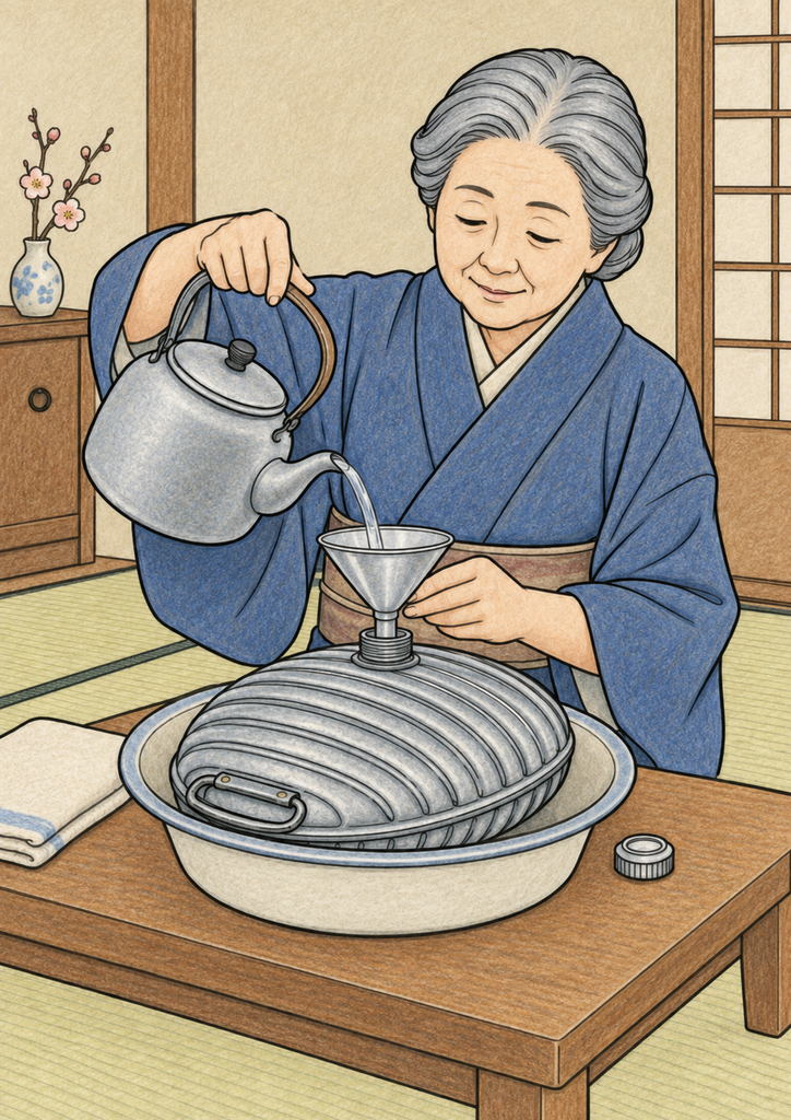 波形の金属製湯たんぽへ湯を入れる女性の着色見本