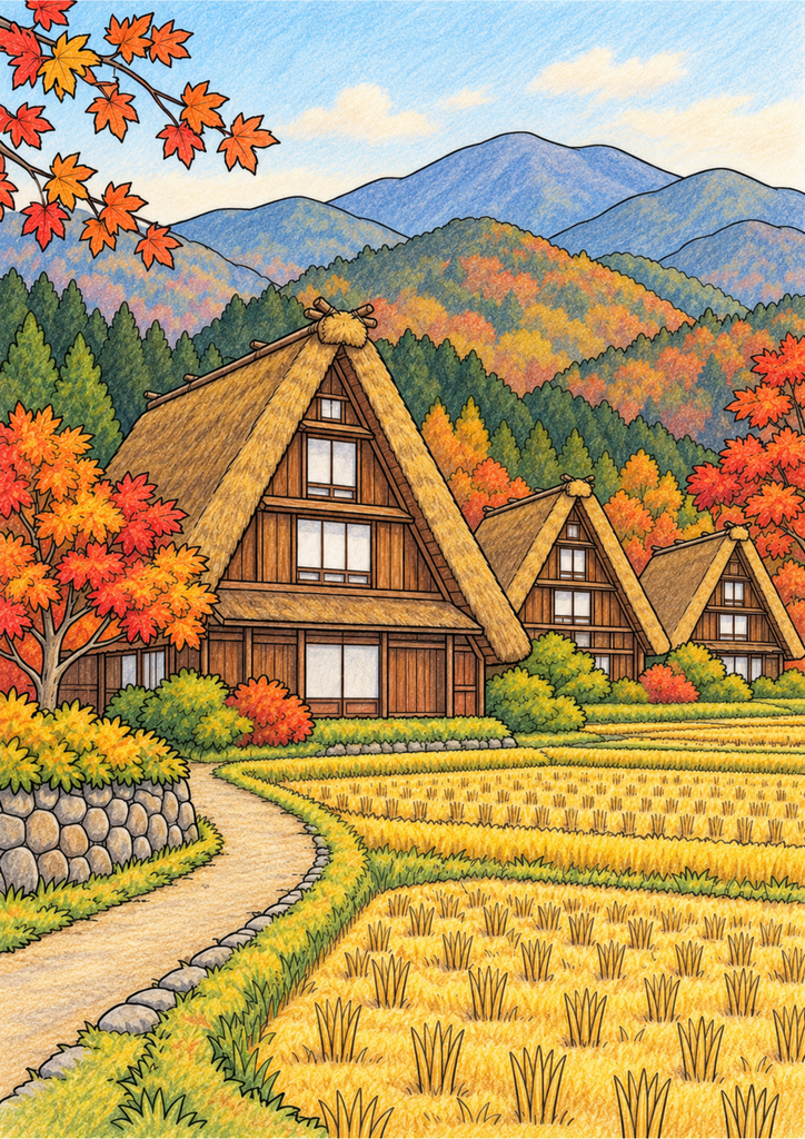 茅葺き屋根の合掌造りと黄金色の田んぼ、紅葉の山の色鉛筆調着色見本