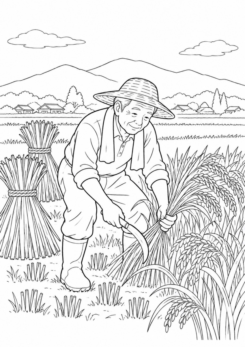実った稲を鎌で刈る農作業と田園風景を描いた9月の白黒塗り絵
