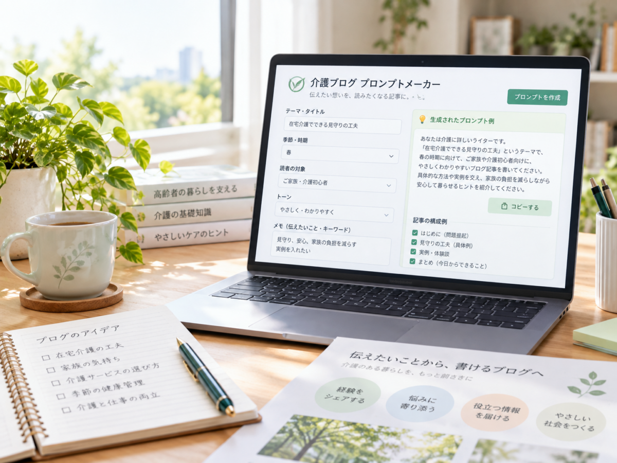 介護ブログ作成を支援する利用場面の紹介用イメージ（実際の操作画面ではありません）
