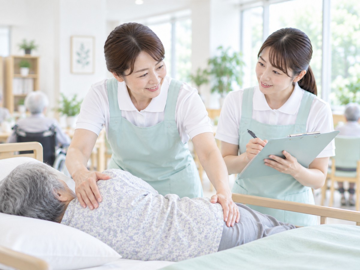 先輩職員の介助を見ながら新人職員がメモを取る研修場面