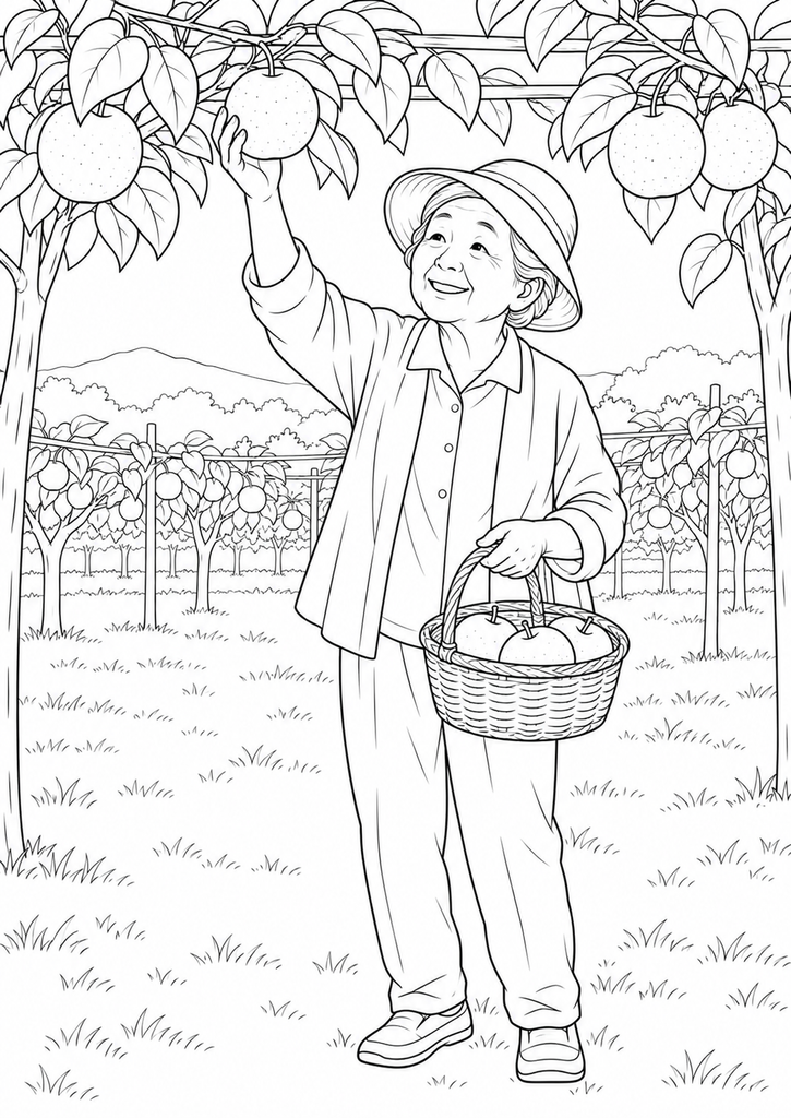 梨園で大きく実った梨を採ってかごに入れる高齢女性を描いた白黒塗り絵