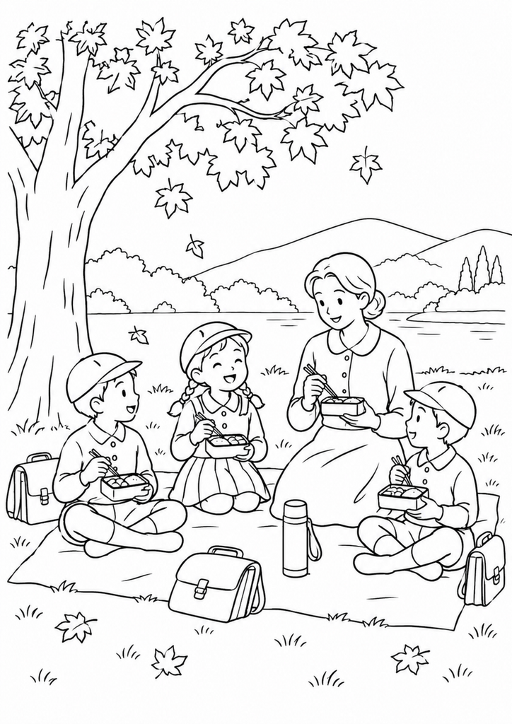紅葉の木の下で先生と子どもたちがお弁当を囲む秋の遠足の白黒塗り絵