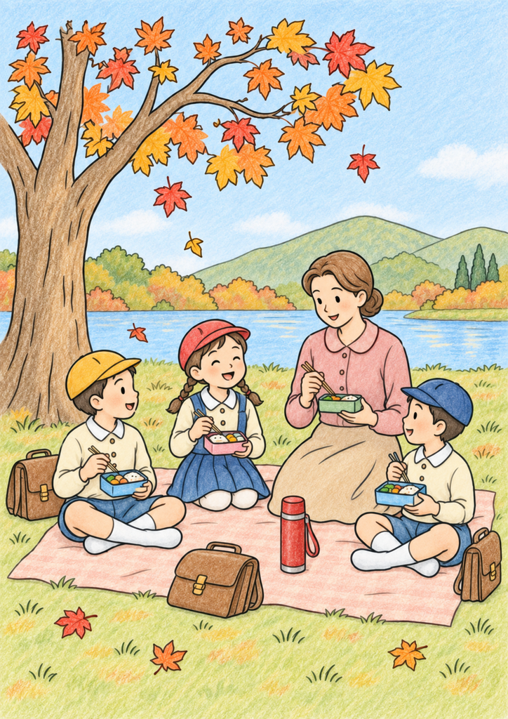 先生と子どもたちの遠足の昼食風景を秋色で彩った着色見本