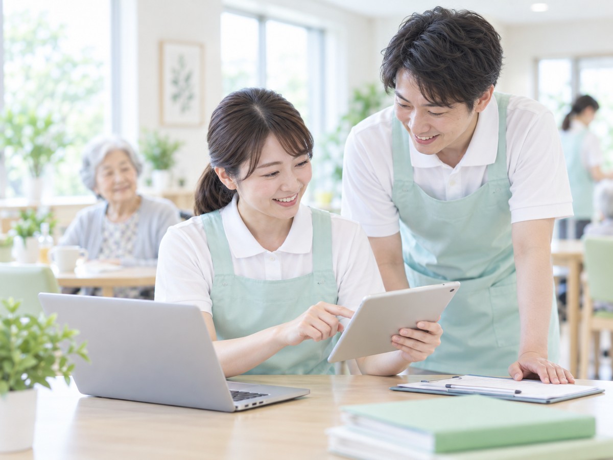 介護職員2人がタブレットとノートパソコンで情報を確認する場面