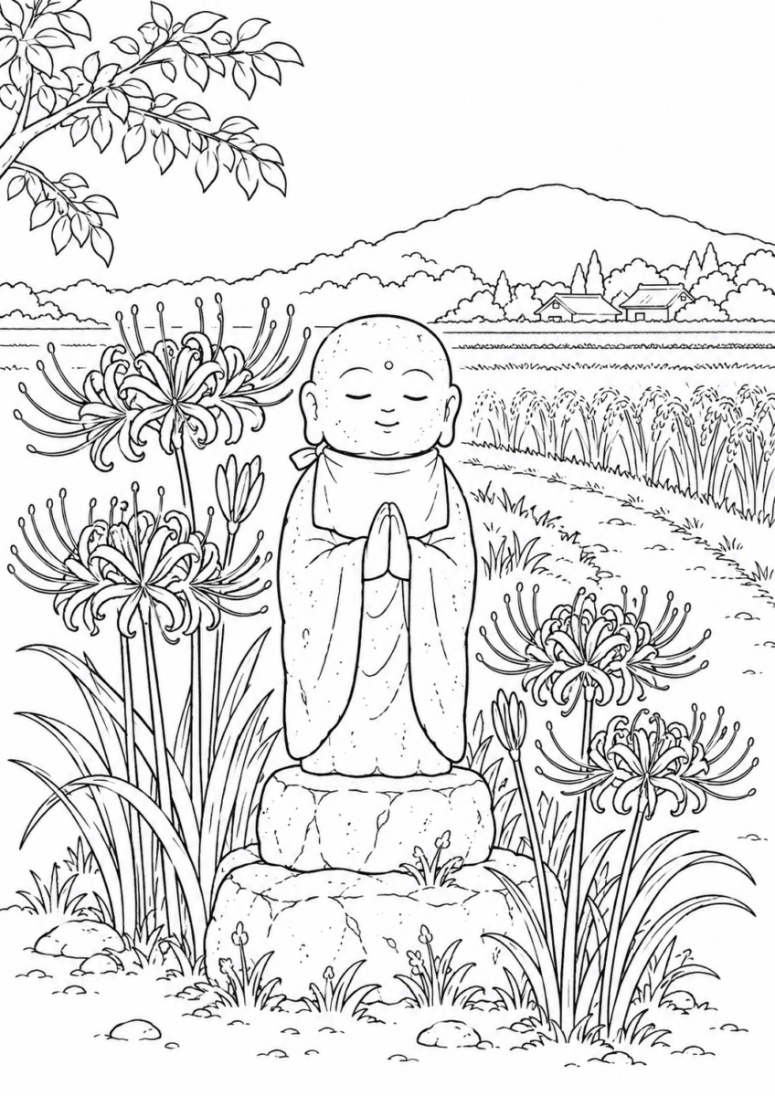 田んぼ道のお地蔵さまと周囲に咲く彼岸花を描いた9月の白黒塗り絵