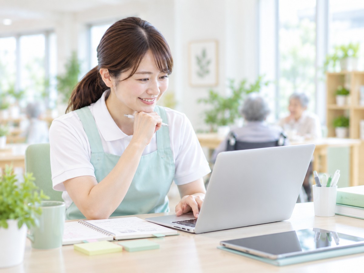 介護職員がメモとノートパソコンを使い、依頼内容を整理する場面