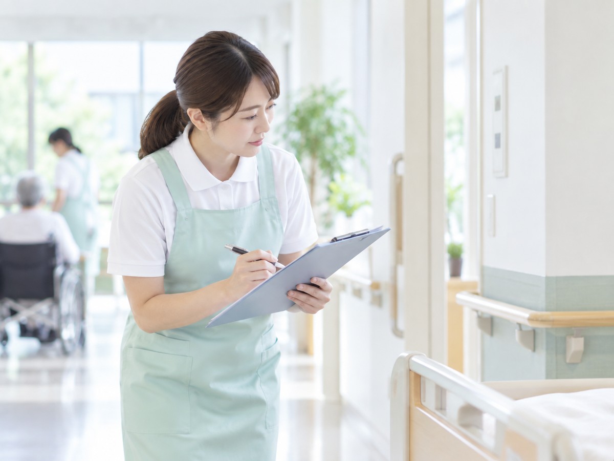 介護職員がベッド周辺を確認し、クリップボードに記録する場面