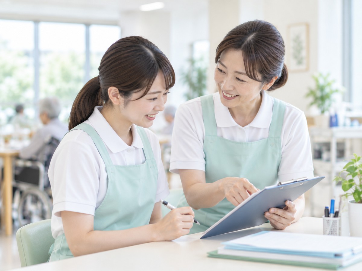 先輩職員が書類を指し示し、新人職員が説明を聞く場面