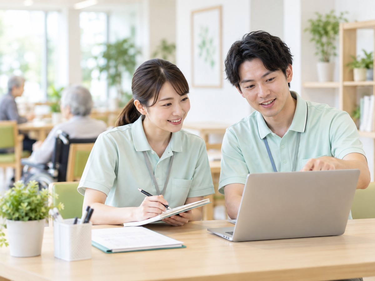介護職員2人がノートパソコンとメモを見ながら相談する場面