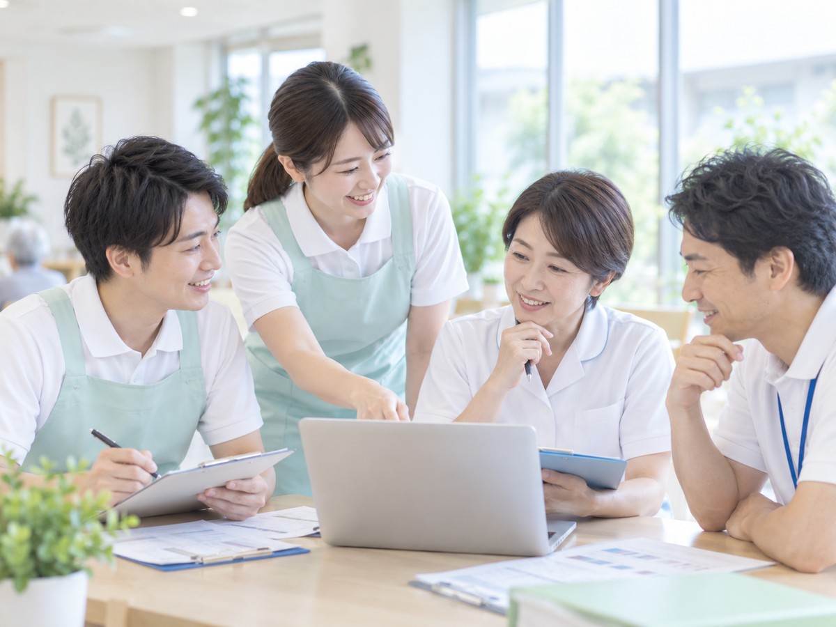 介護職員のチームがパソコンと資料を囲んで打ち合わせる場面
