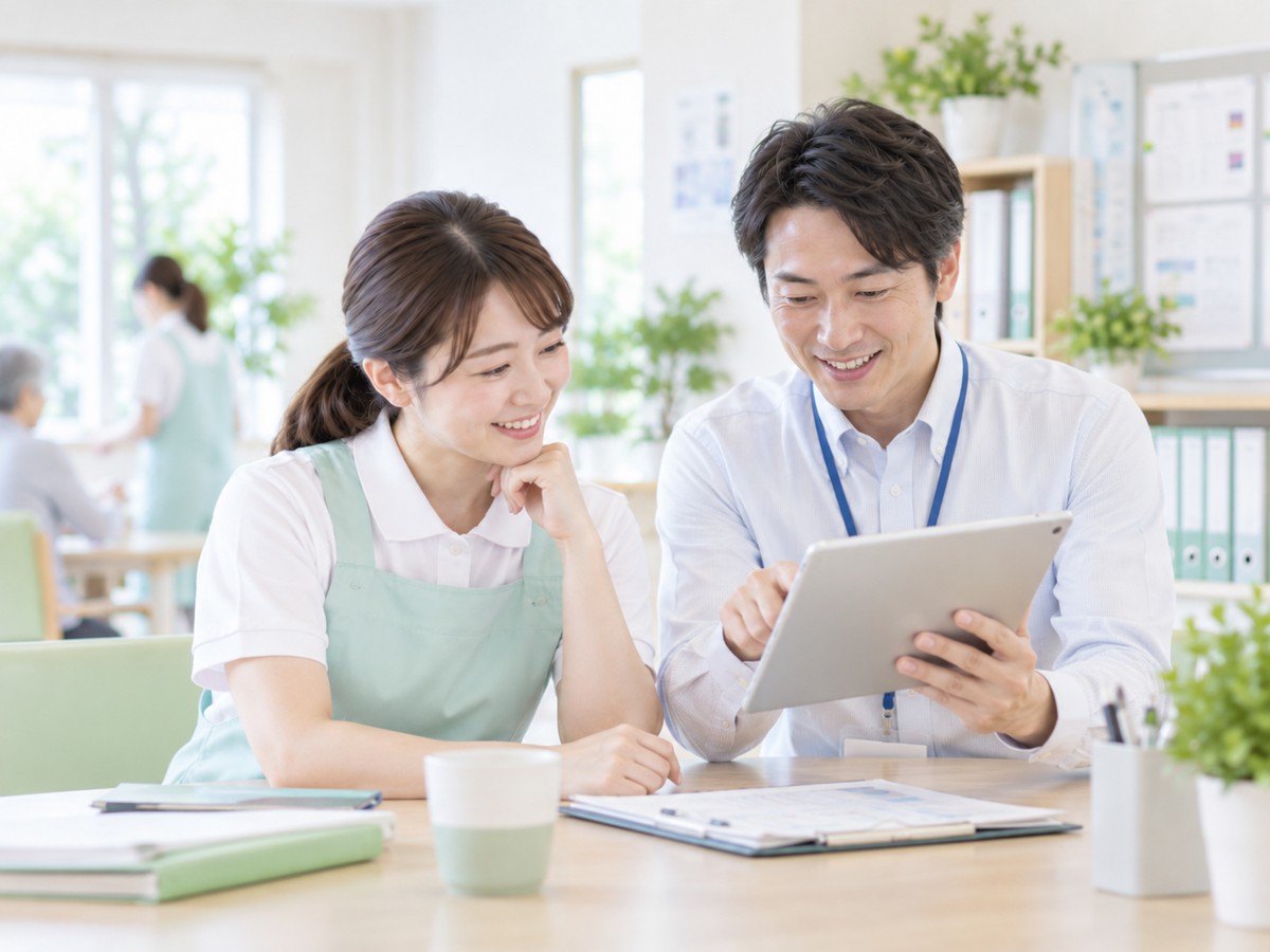介護職員と担当者がタブレットで情報を確認する場面