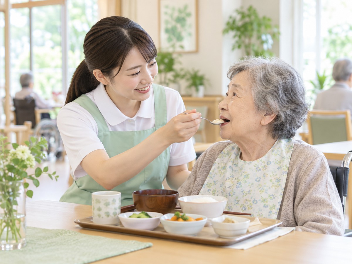 食卓で介護職員が高齢者の口元へスプーンを運ぶ場面