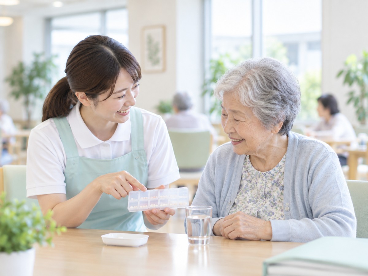 介護職員が高齢者と薬のケースを確認し、卓上に水が用意された場面