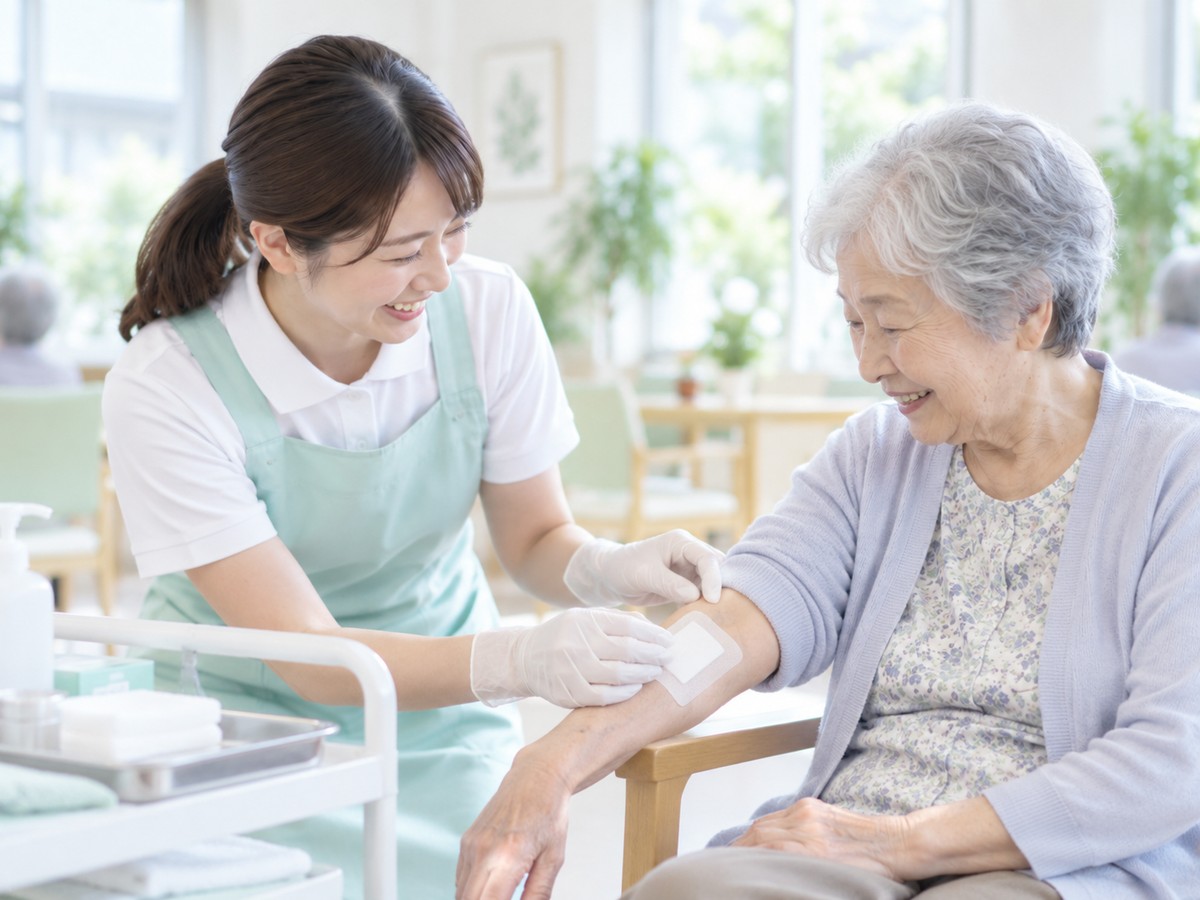 手袋を着けた職員が高齢者の前腕の保護材を確認する場面