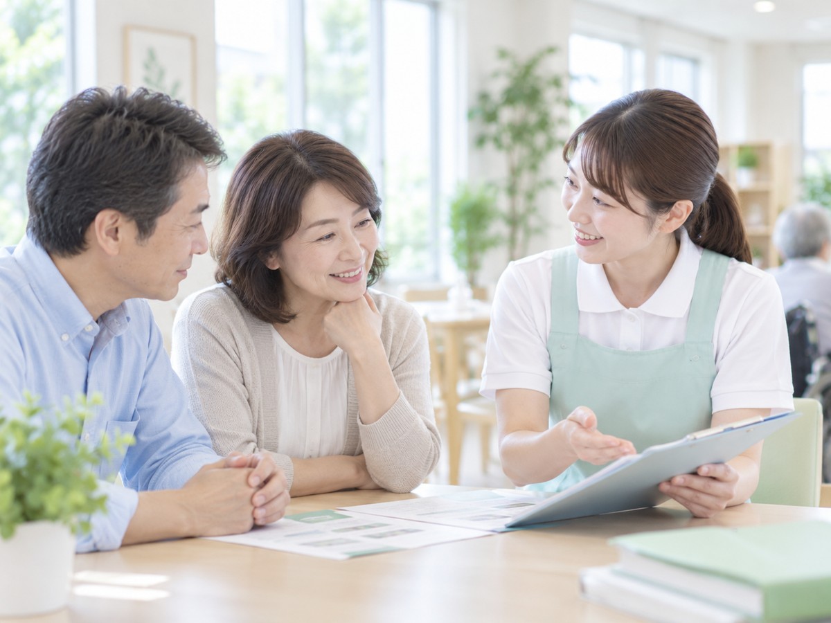 介護職員が家族と資料を見ながら説明する場面