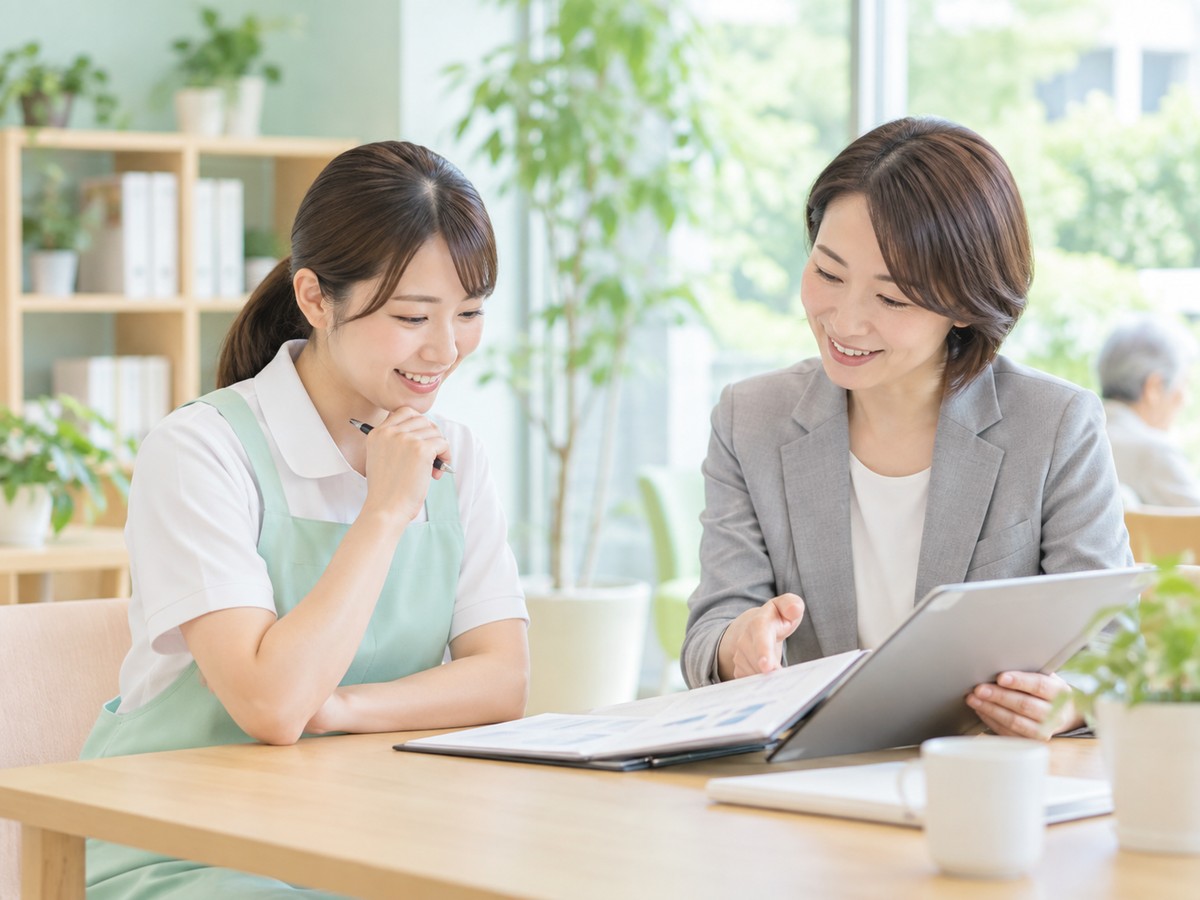 介護職員と相談担当者が書類を見ながら話す場面