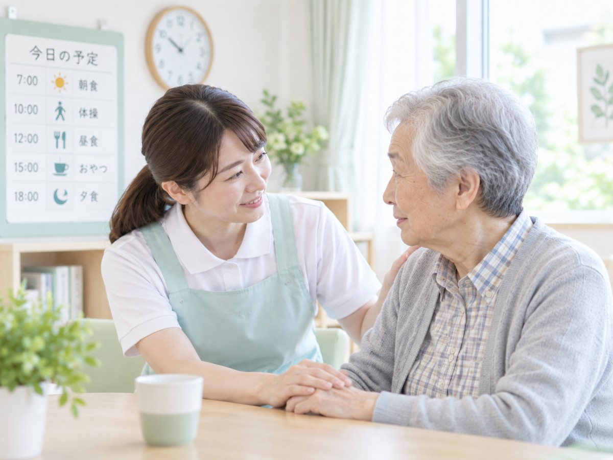 時計と予定ボードのある部屋で、高齢者に穏やかに話しかける介護職員