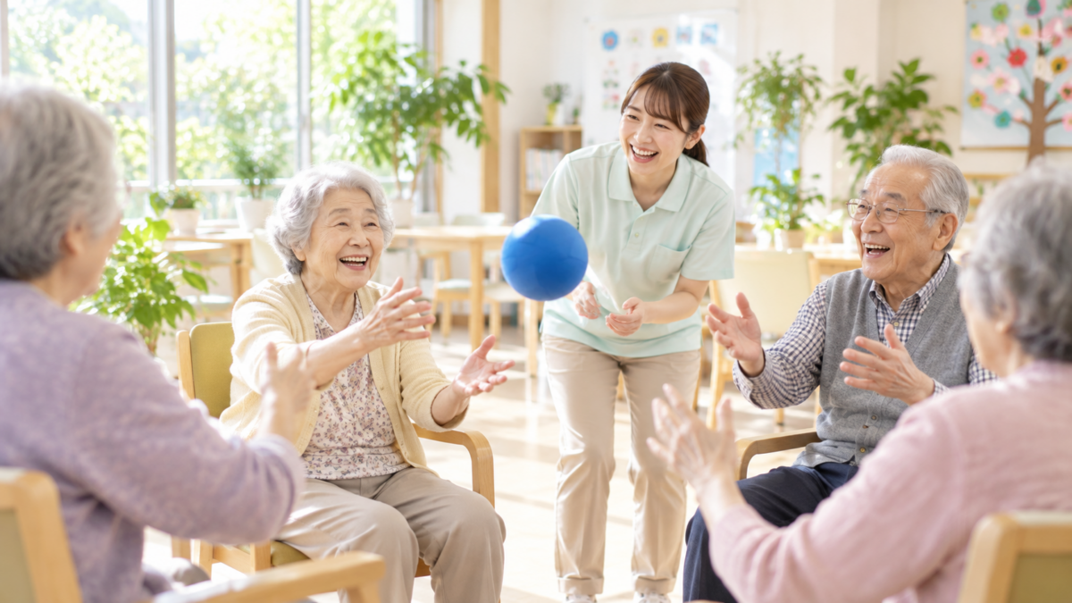 介護施設で高齢者とスタッフがレクリエーションを楽しんでいる様子