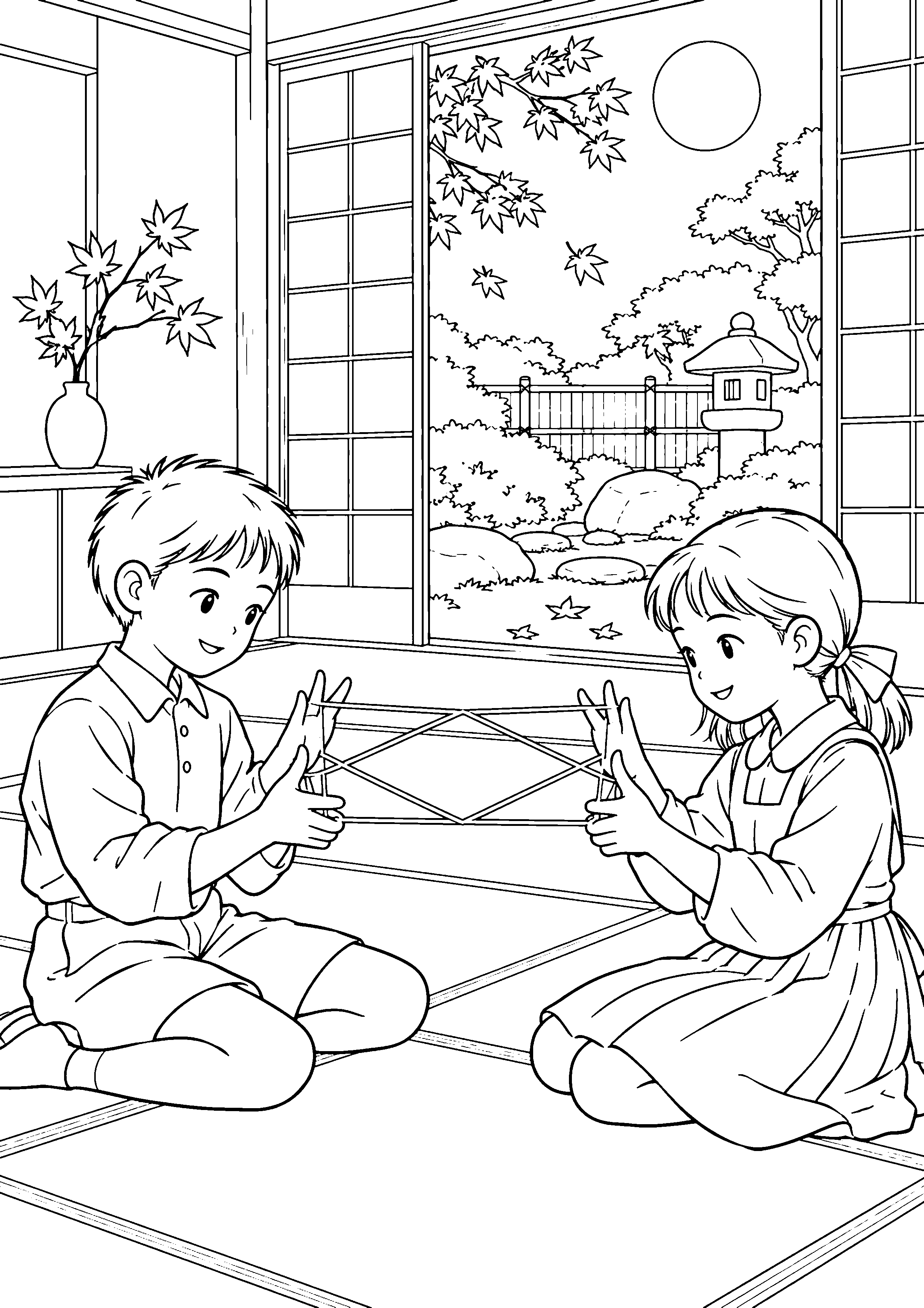 月夜の座敷であやとりをする子どもたちの白黒塗り絵
