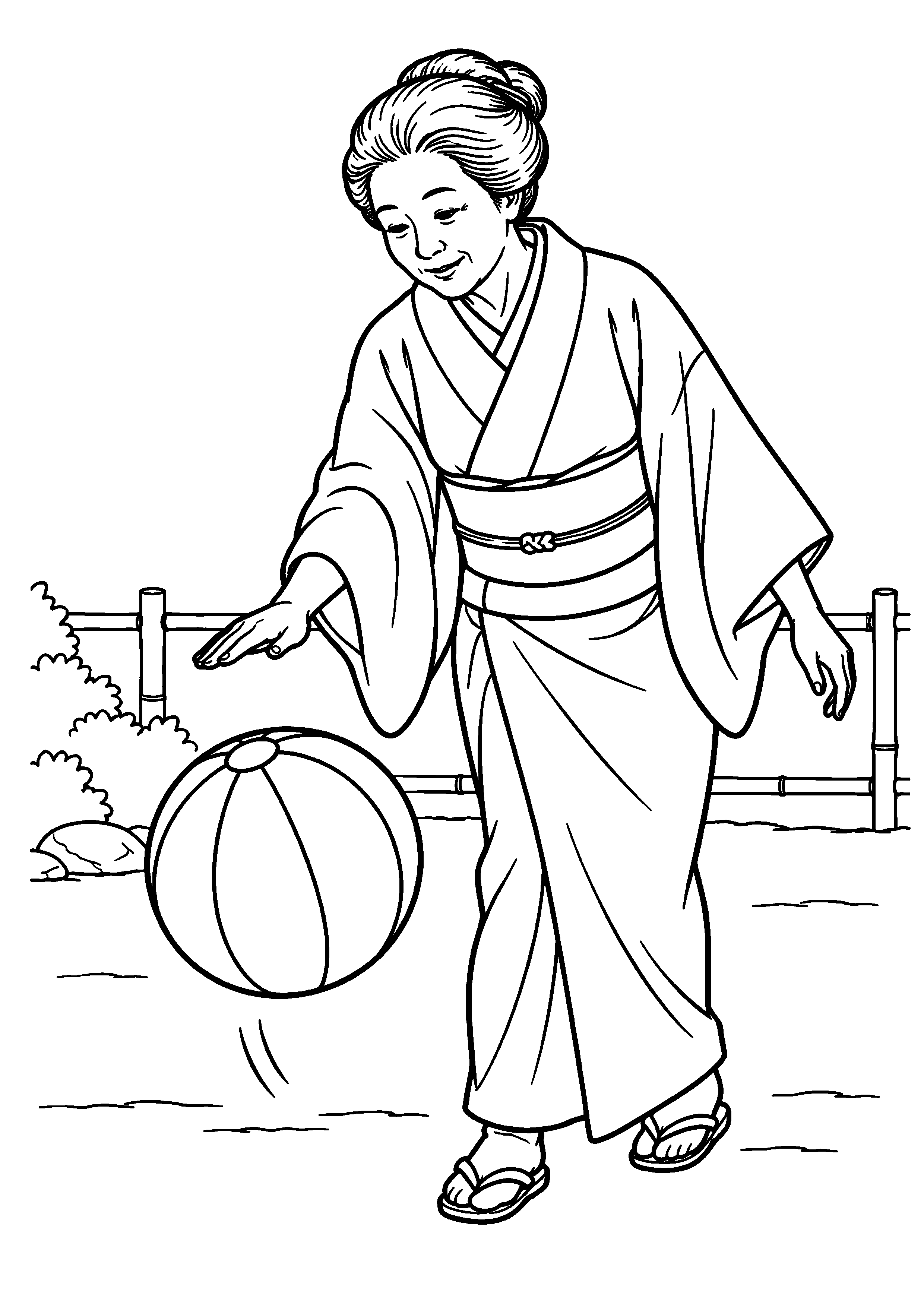 庭先で女性が大きなまりを手のひらでつき、弾むまりを見ている場面を描いた、色を塗る前の白黒線画