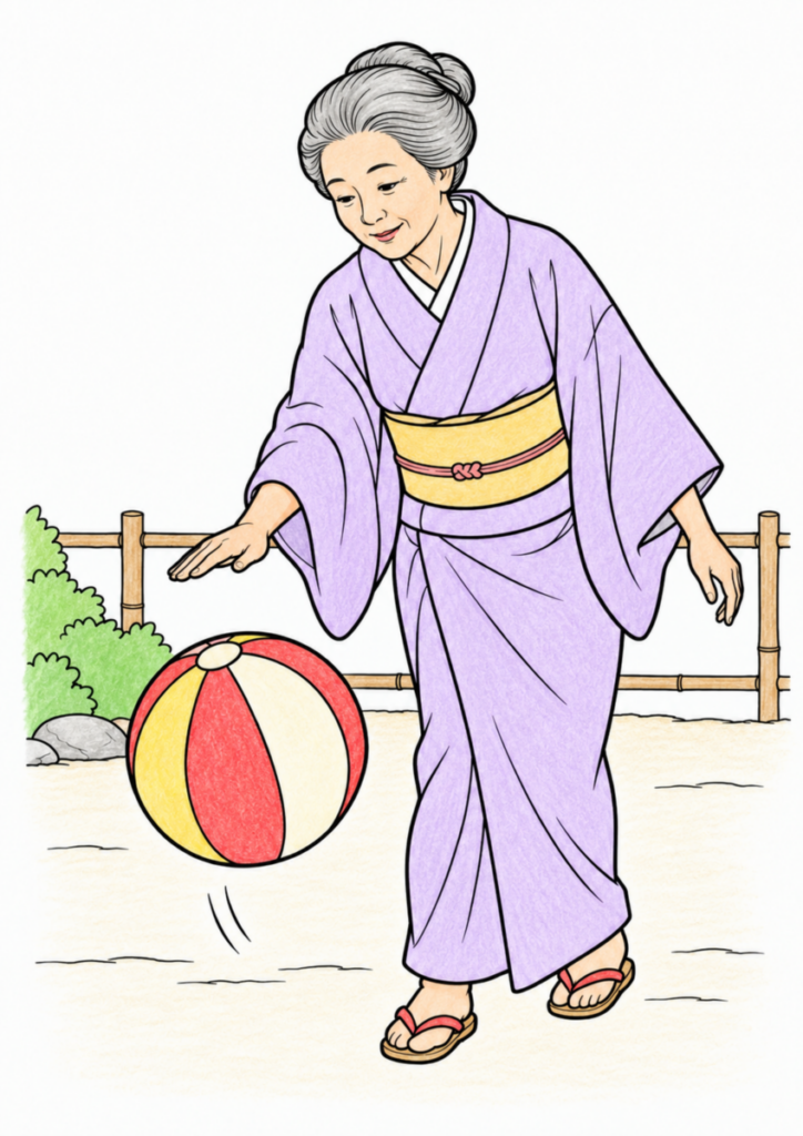 庭先で女性が大きなまりを手のひらでつき、弾むまりを見ている場面を、落ち着いた色で塗った着色見本