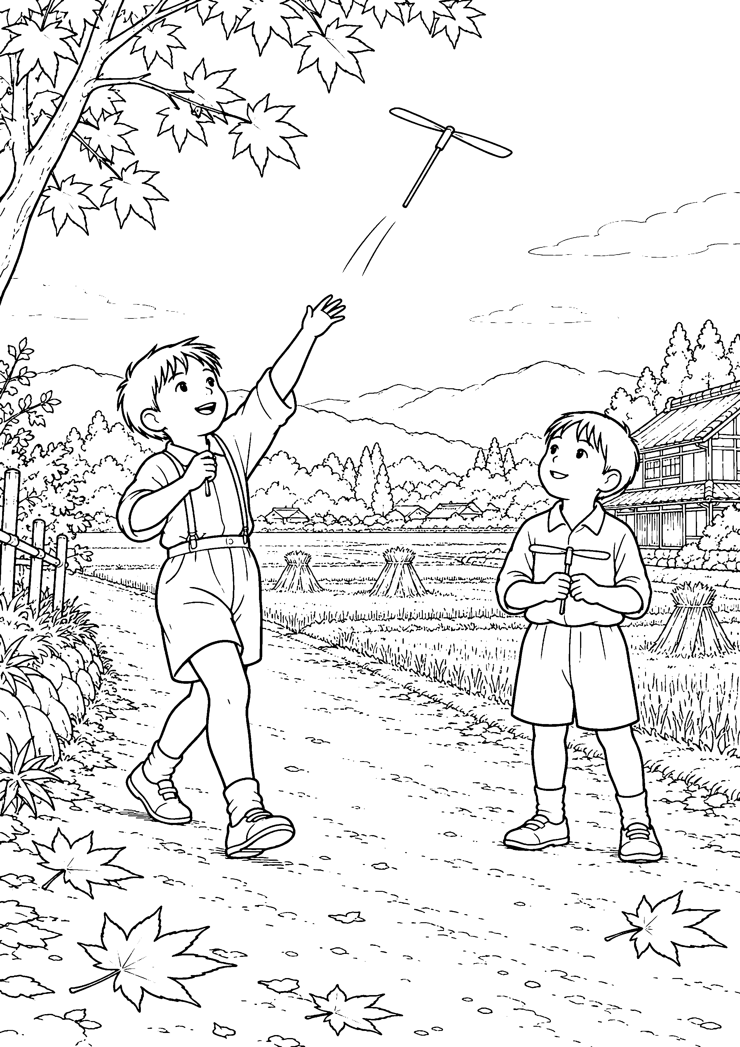 【秋】秋空の竹とんぼの塗り絵
