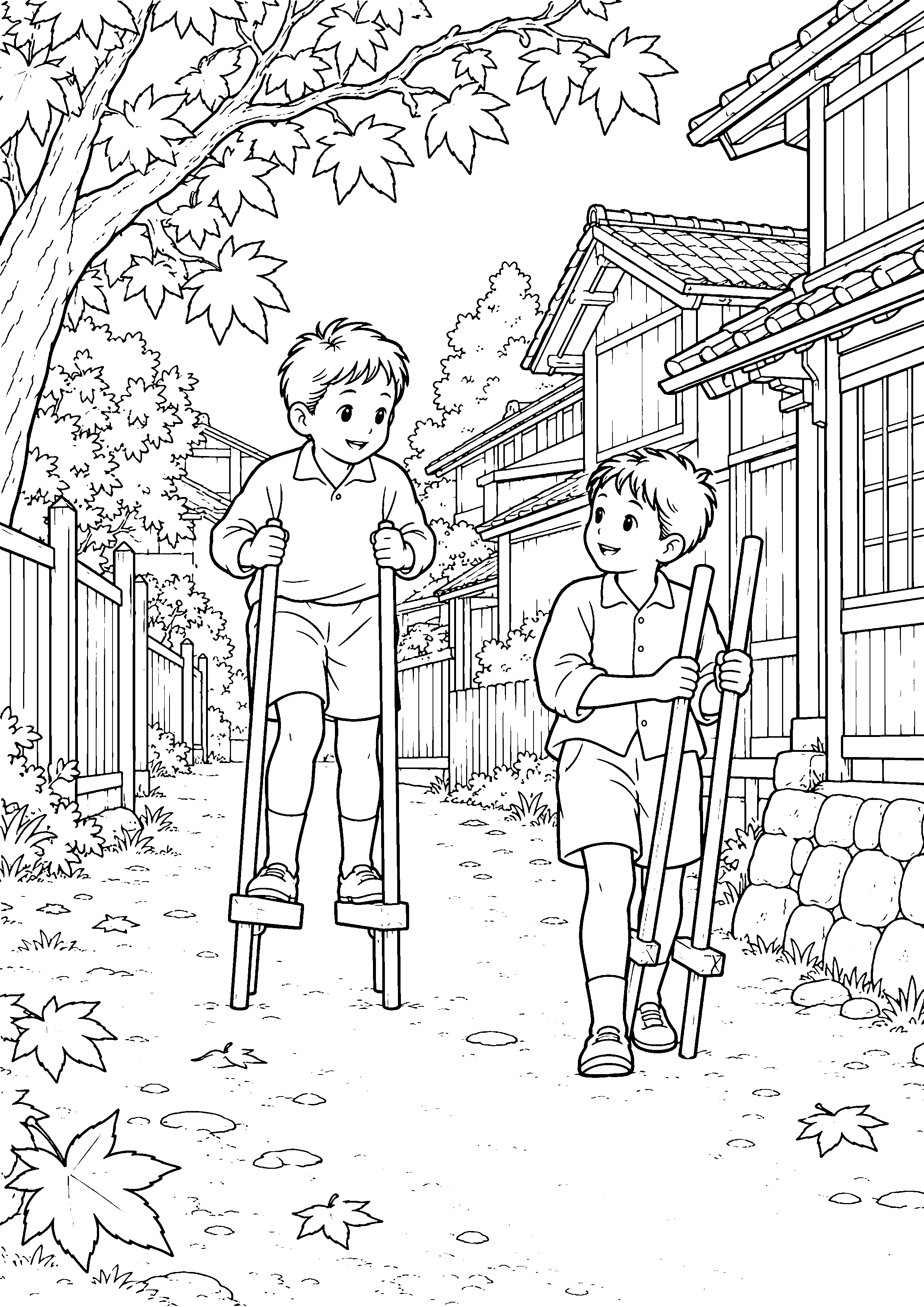 【秋】路地の竹馬の塗り絵