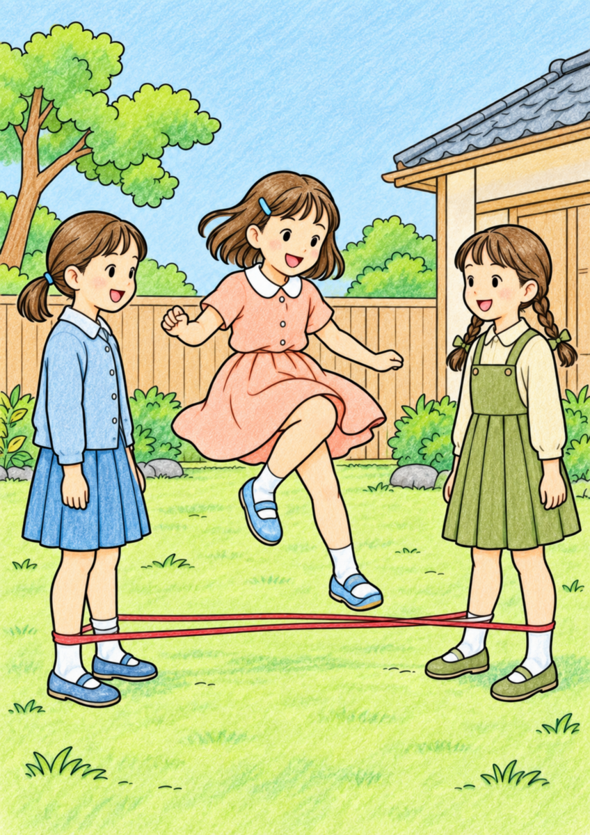 三人の女の子が、二人の足首に渡したゴムを一人が跳び越える場面を落ち着いた色で塗った着色見本