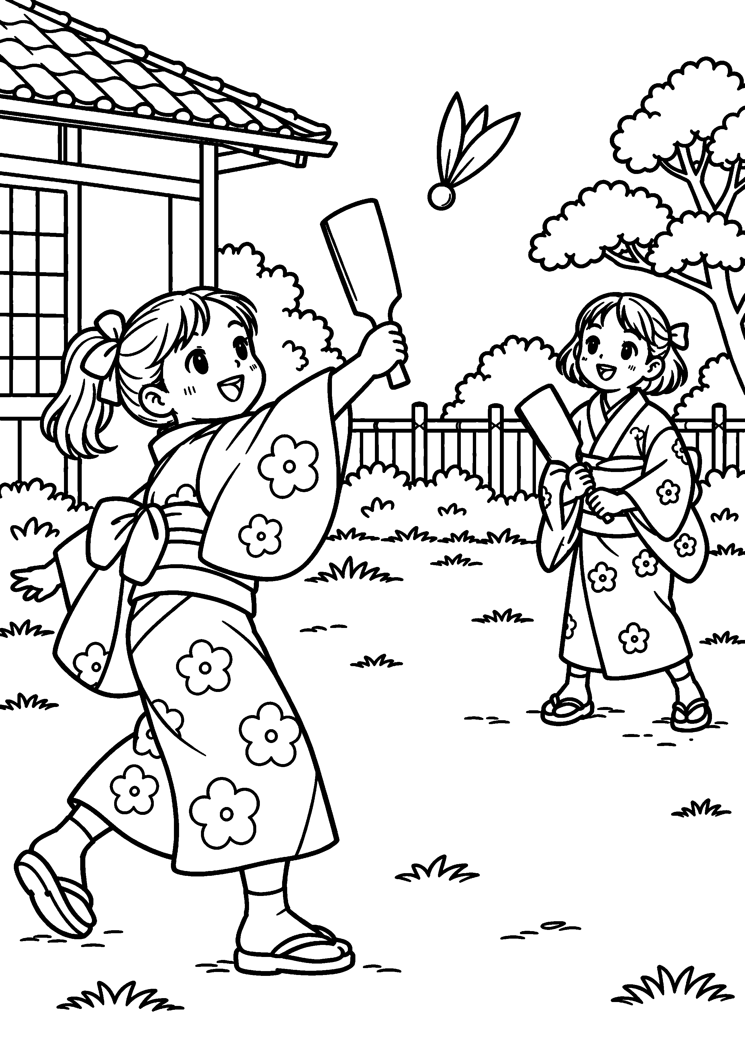 【昔の遊び】羽根つきの塗り絵