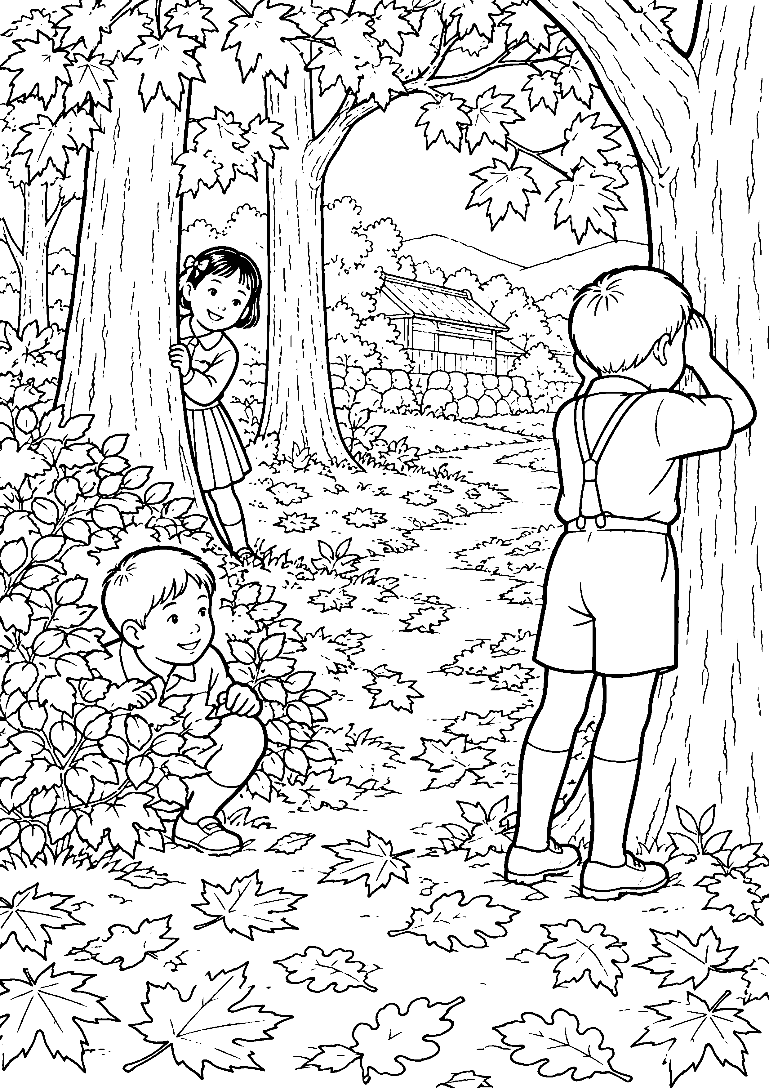 【秋】【昔の遊び】落ち葉のかくれんぼの塗り絵