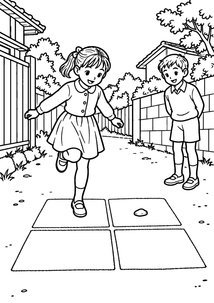 道に描いた四つの大きなマスの上で女の子が片足跳びをし、男の子が見守る場面を描いた白黒の塗り絵。髪も塗れる線画