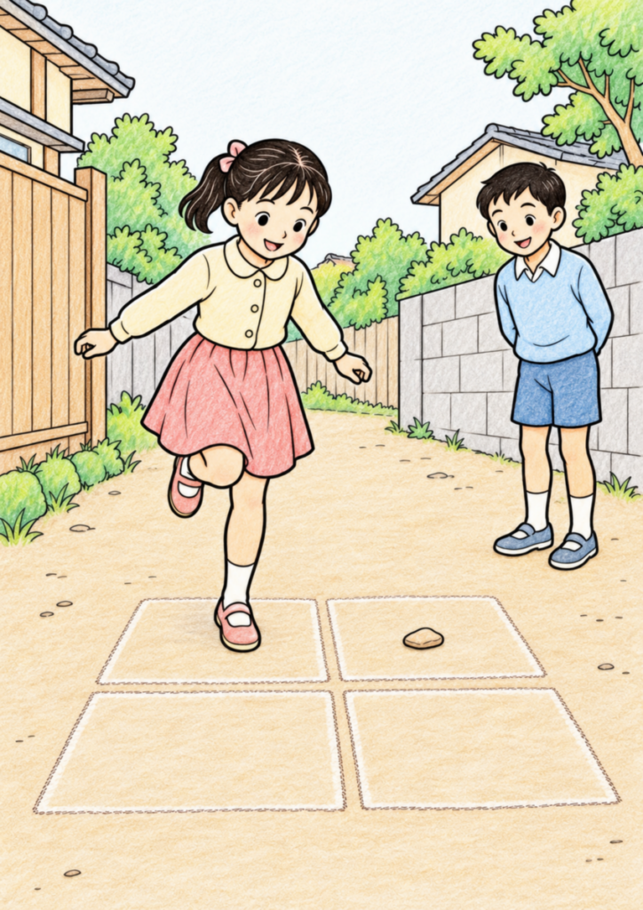 道に描いた四つの大きなマスの上で女の子が片足跳びをし、男の子が見守る場面を落ち着いた色で塗った着色見本