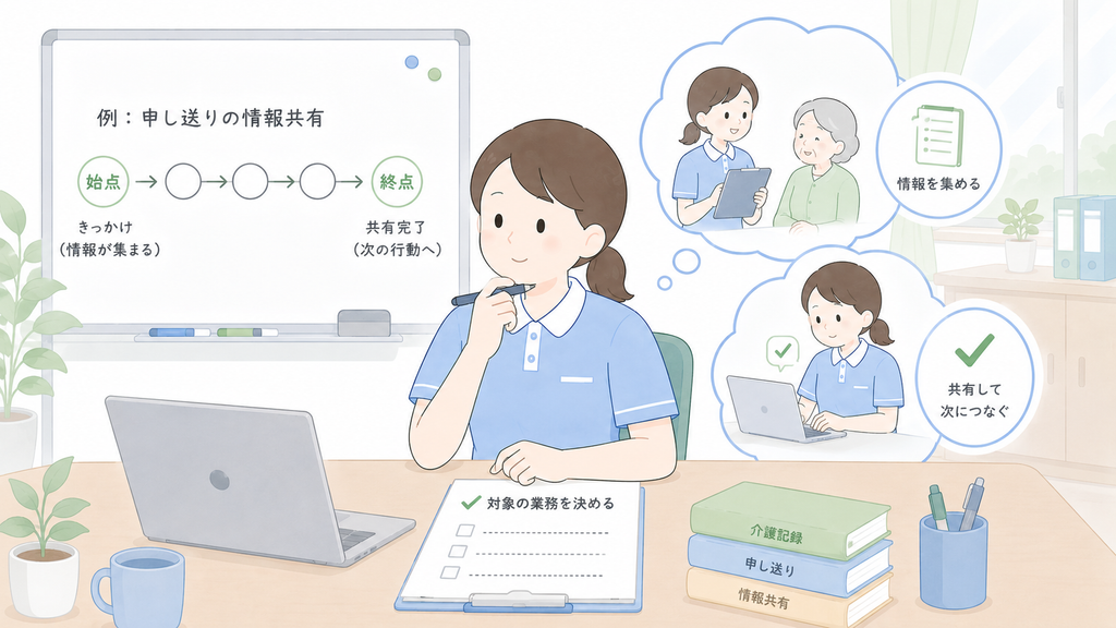介護業務の一つを対象に選び、情報が集まる始点から共有完了の終点まで業務の流れを整理する介護士のイラスト