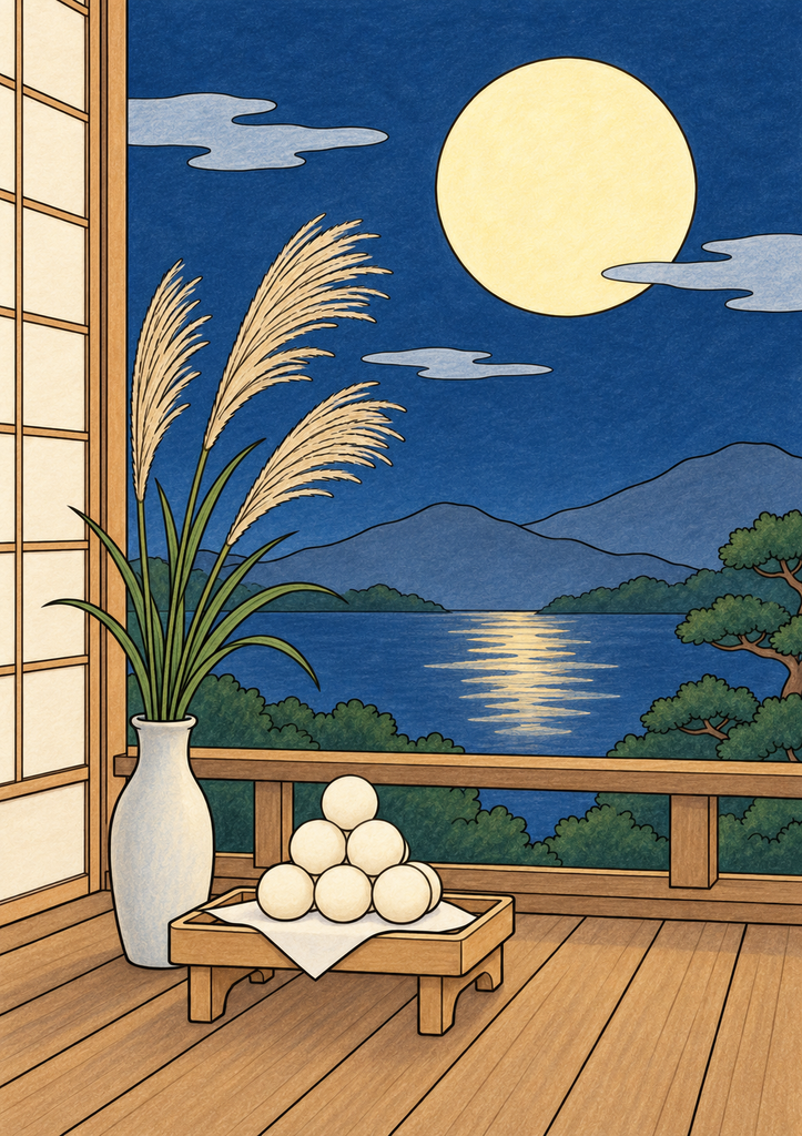 月見団子とすすきを飾った縁側から青い夜空の満月を眺める、9月のお月見の着色見本