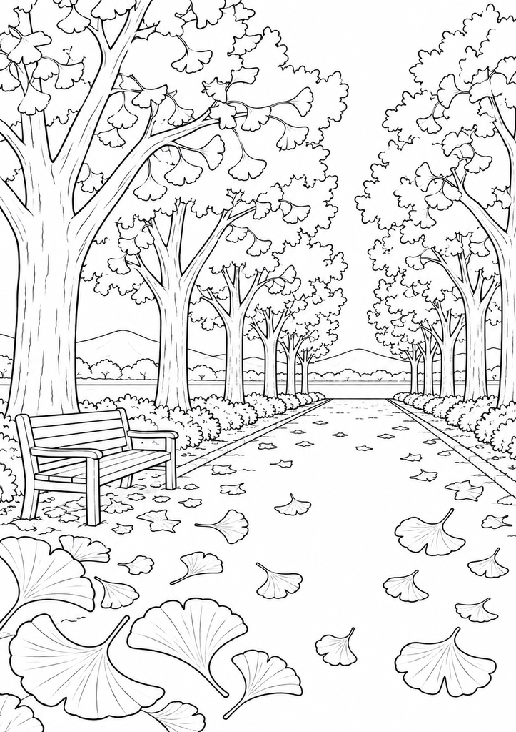 イチョウの木が続く散歩道と落ち葉、木のベンチを描いた秋の白黒塗り絵
