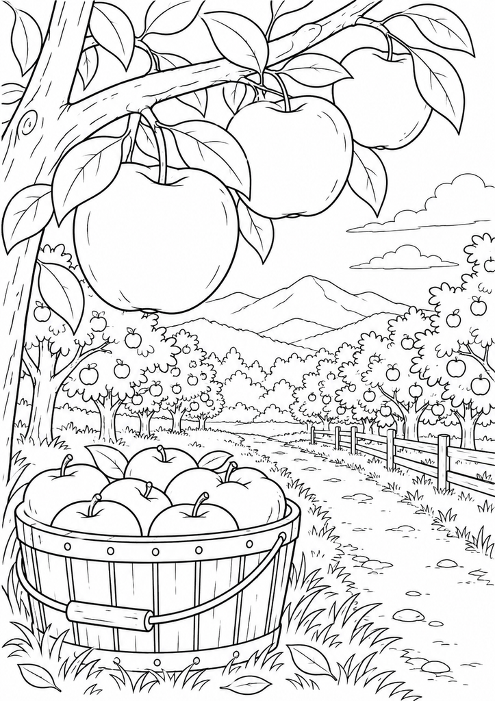 枝になった大きなりんごと収穫かご、果樹園の小道を描いた白黒塗り絵