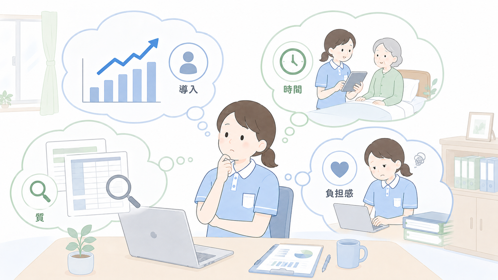 介護DXの効果を導入数だけで判断せず、業務時間、質、確認のしやすさ、職員の負担感まで確認する介護士のイラスト