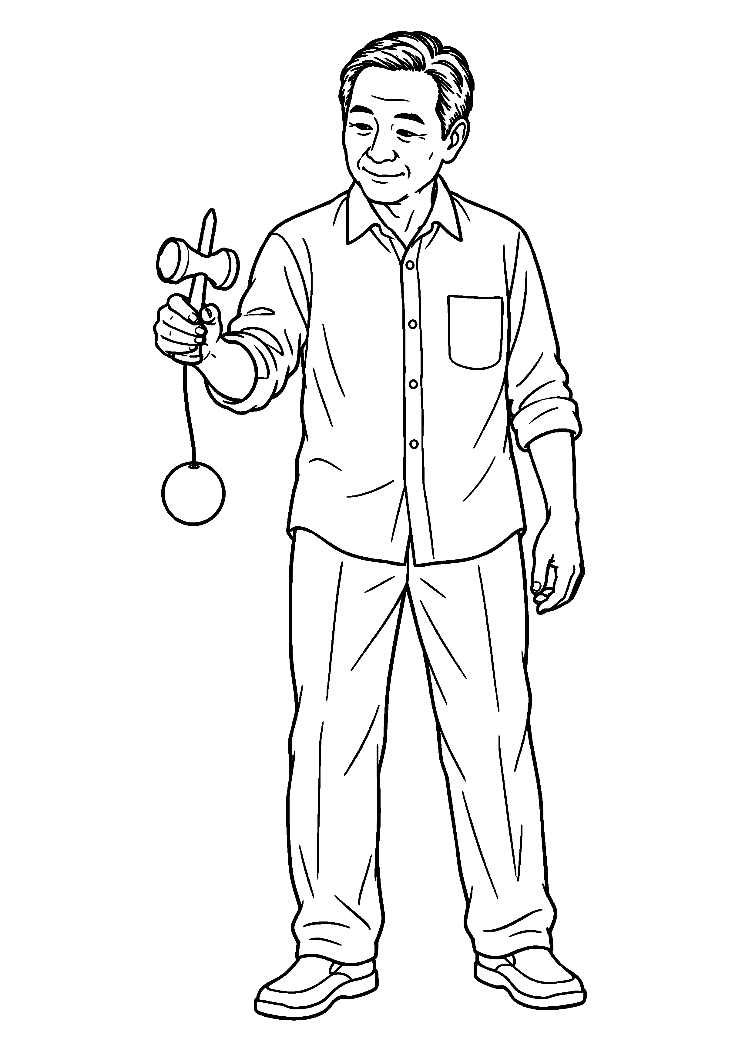 男性が木のけん玉を片手に持ち、ひもにつながった玉が垂れている場面を描いた、色を塗る前の白黒線画