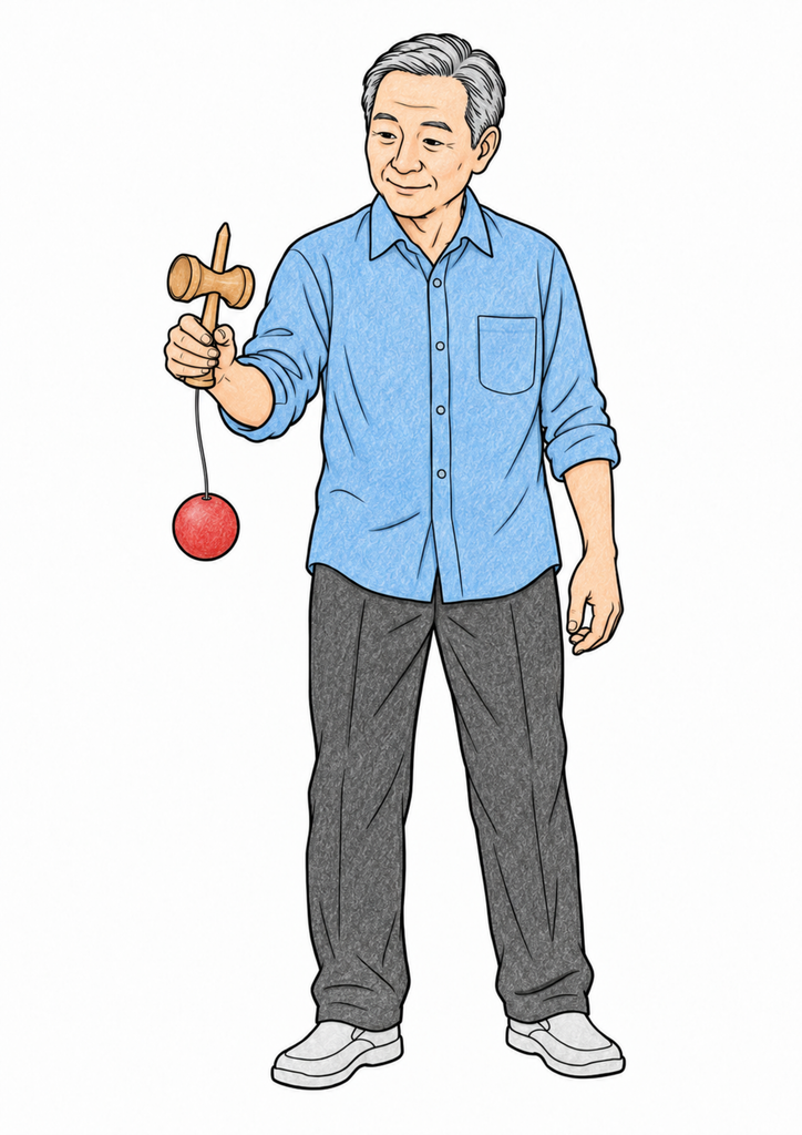 男性が木のけん玉を片手に持ち、ひもにつながった玉が垂れている場面を、落ち着いた色で塗った着色見本