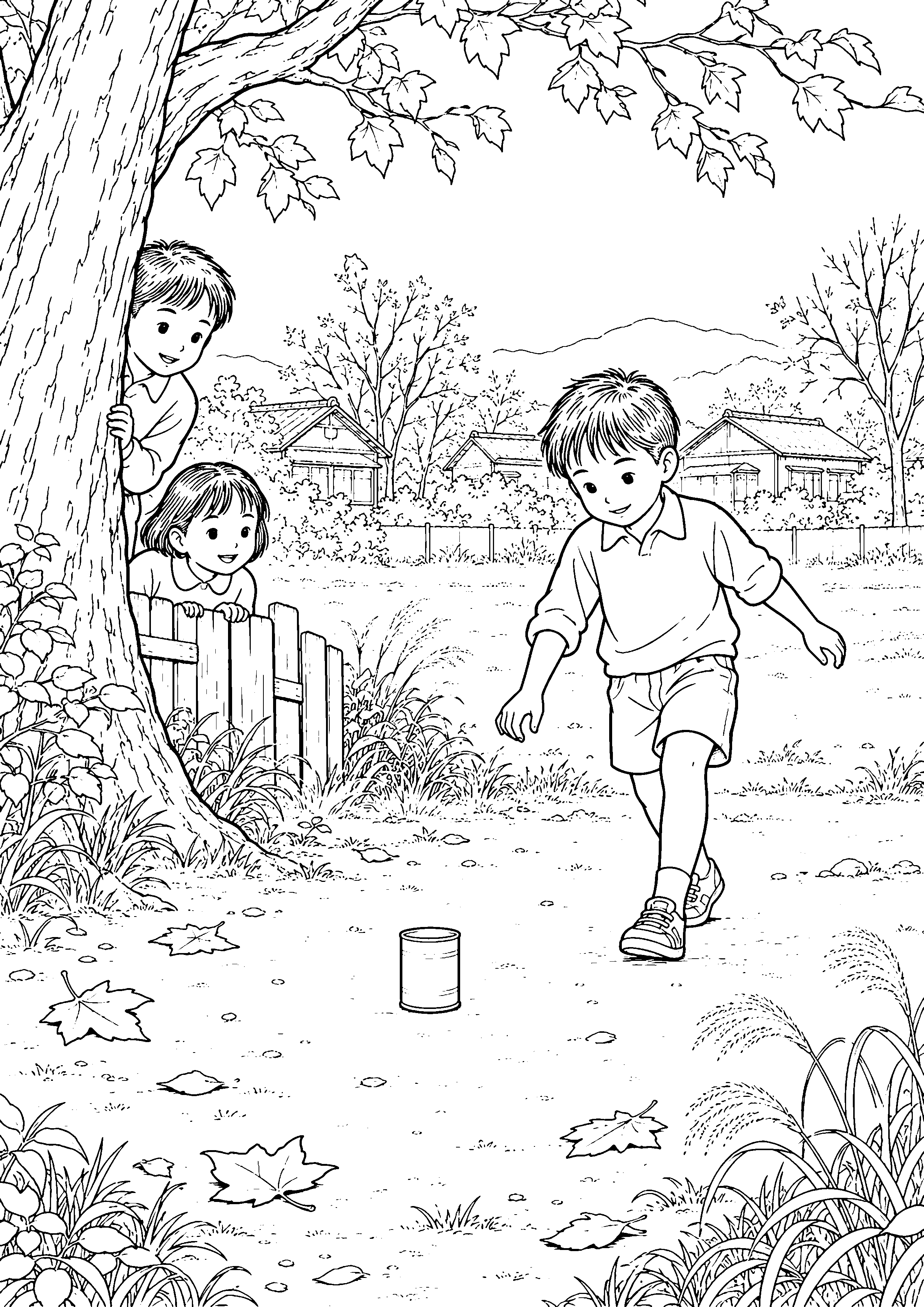 秋の空き地で缶けりをする子どもたちの白黒塗り絵