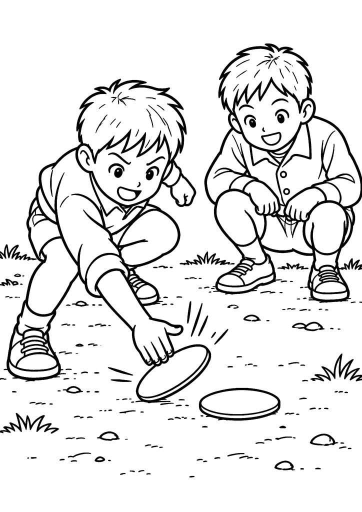 二人の男の子がしゃがみ、地面の丸いめんこに一枚をたたきつけようとしている場面を描いた白黒の塗り絵。髪も塗れる線画