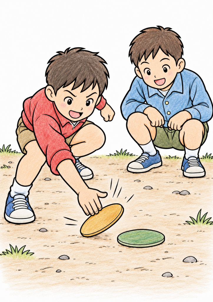 二人の男の子がしゃがみ、地面の丸いめんこに一枚をたたきつけようとしている場面を落ち着いた色で塗った着色見本