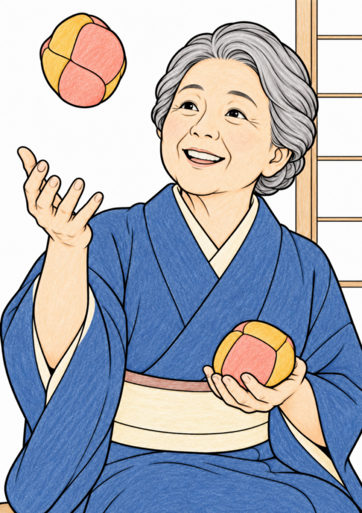 代替テキスト:着物姿の女性が、布のお手玉を一つ手に持ち、もう一つを軽く投げている場面を、落ち着いた色で塗った着色見本