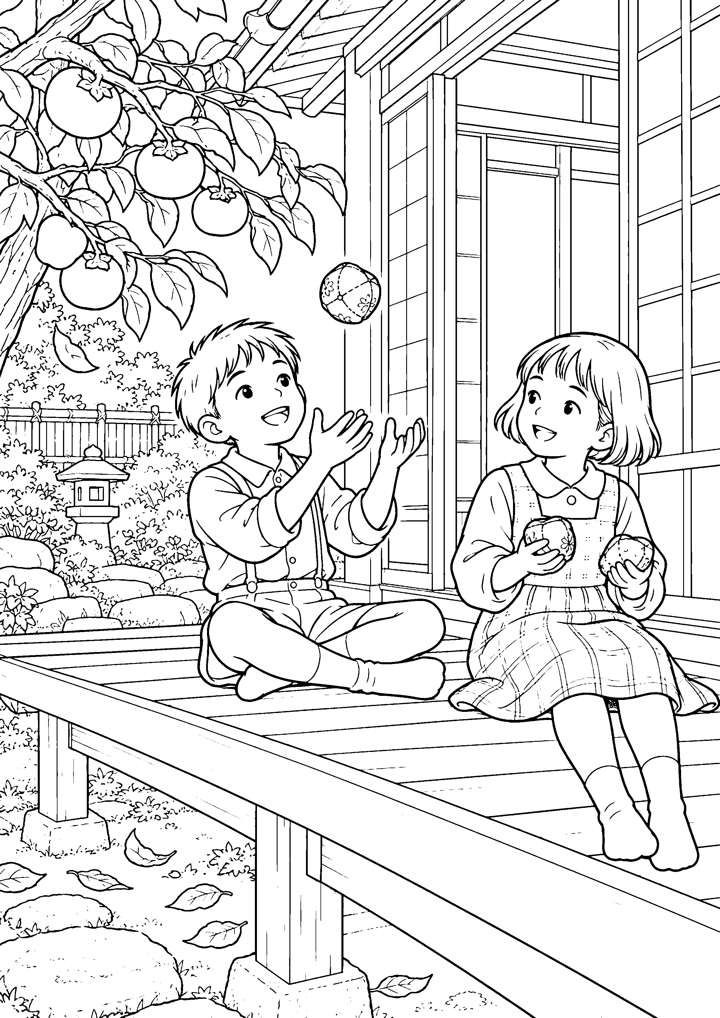 柿の木が見える縁側でお手玉をする子どもたちの白黒塗り絵