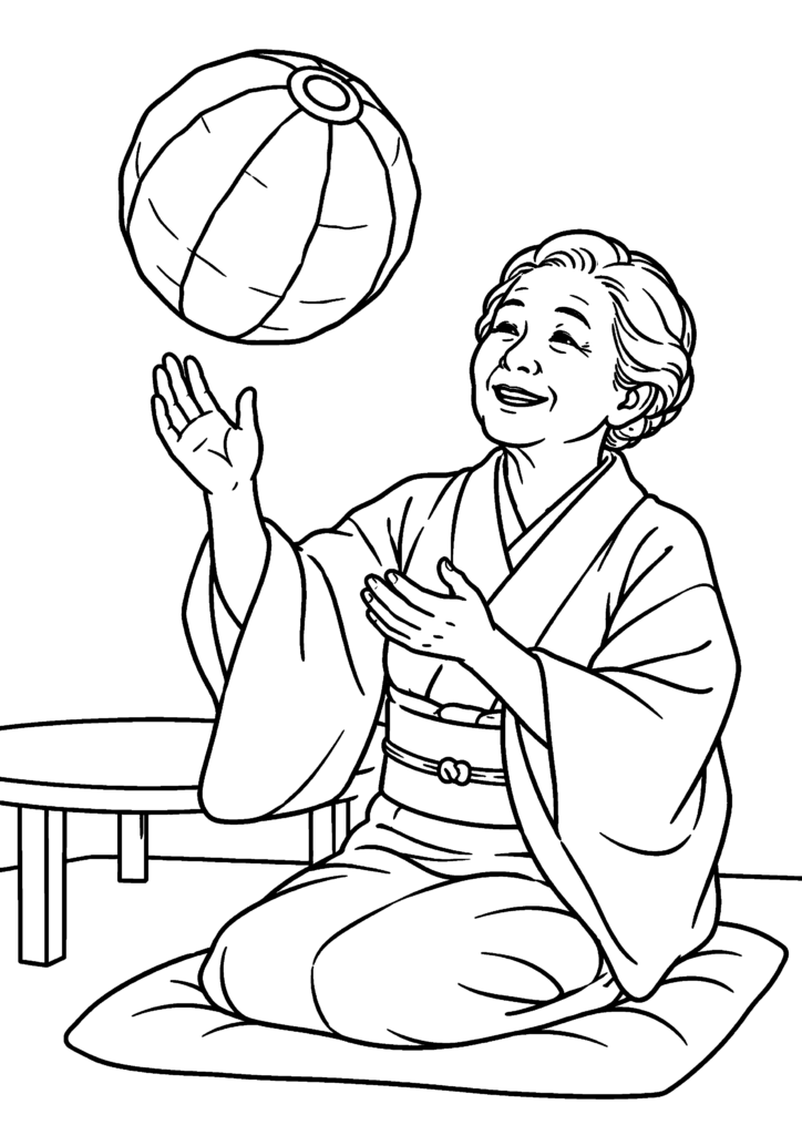 座った女性が、宙に浮く大きな紙風船を手のひらで軽く打っている場面を描いた、色を塗る前の白黒線画