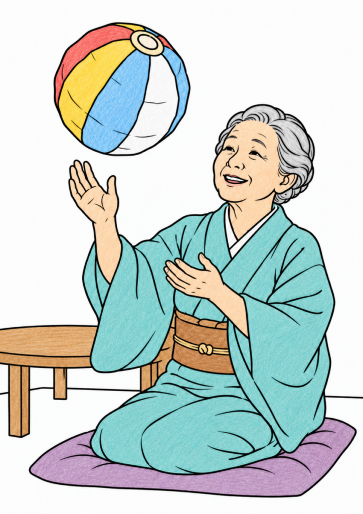 座った女性が、宙に浮く大きな紙風船を手のひらで軽く打っている場面を、落ち着いた色で塗った着色見本